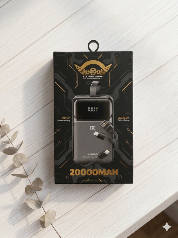 پاوربانک 20000 هزار B-C کابل متصل توان خروجی ۲۲.۵w